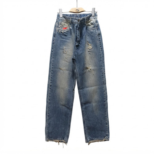 شلوار جین نیم بگ زنانه آلفا | سایز بزرگ زاپ دار | کد BSX-2158 | رنگ آبی تینت کرم