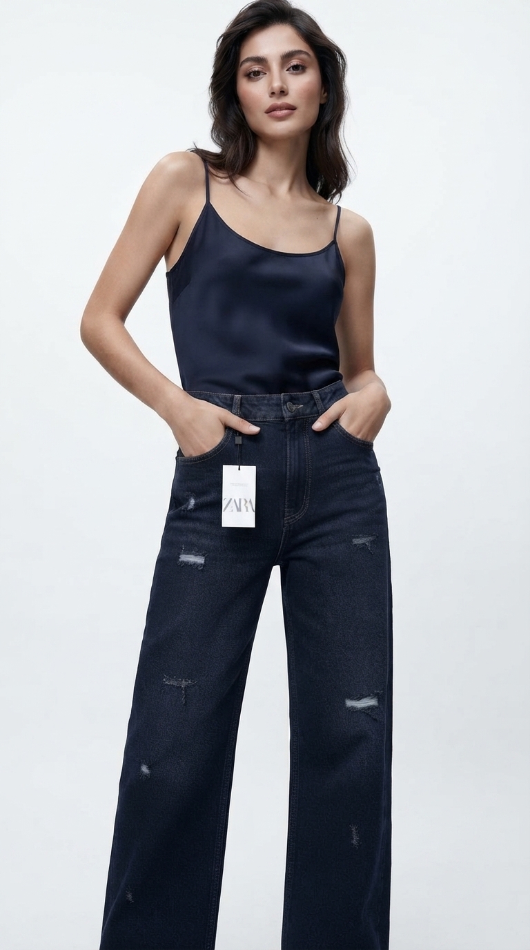 شلوار جین  نیم بگ زنانه  ZARA |   کد  BSA-001 | رنگ آبی سرمه ای  تینت  بنفش