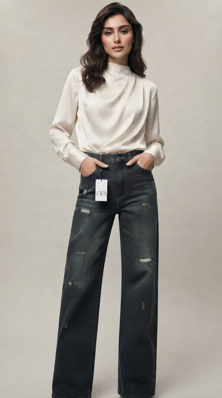 شلوار جین نیم بگ زنانه ZARA | کد BSA-002 | رنگ طوسی تینت فسفری